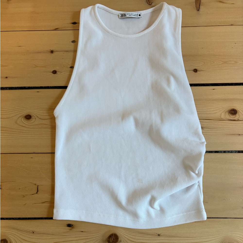 Zara White Ribbed Crop Tank Top - Sleeveless Crew Neck